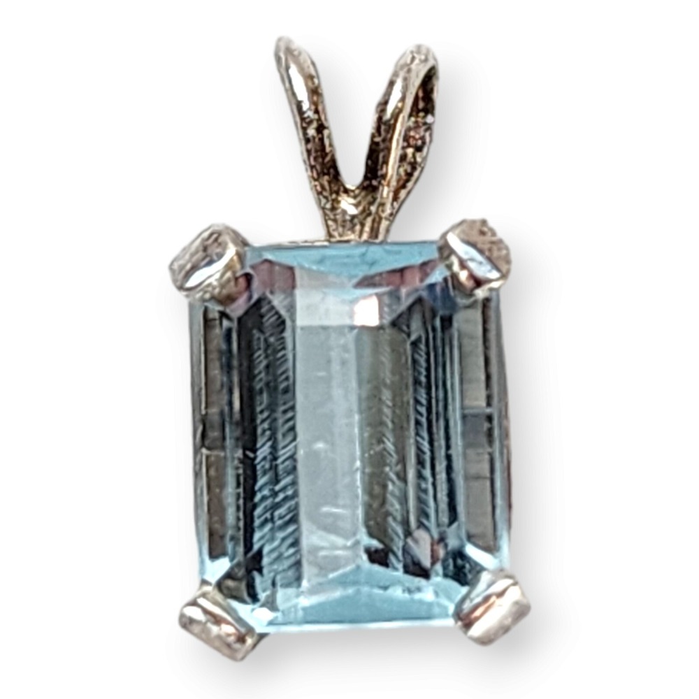 Vintage Pendant Sterling Silver 925 Blue Topaz Faceted‎ Emerald Cut Small Blue